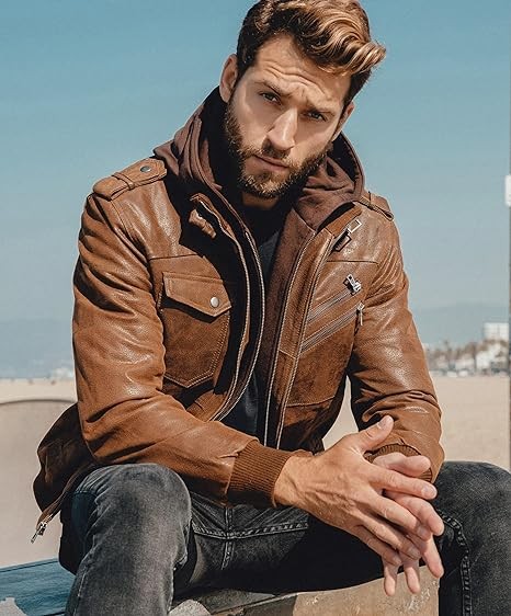 FLAVOR Men Brown Leather Motorcycle Jacket with Removable Hood