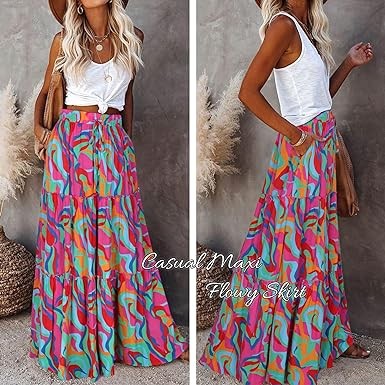 EARKOHA Womens Casual High Waist Tiered Paisley Print Long Maxi Skirt with Pockets