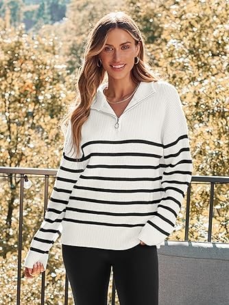 LILLUSORY Women's Quarter Zip Striped Oversized Collar Pullover Sweater Knit Warm Clothes for Winter 2023 Trendy