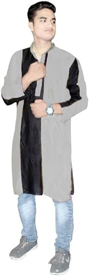 Lakkar Haveli pakistani Men's cotton Patchwork Kurta Wedding Wear Casual Tunic Black Gray Color Shirt Plus Size