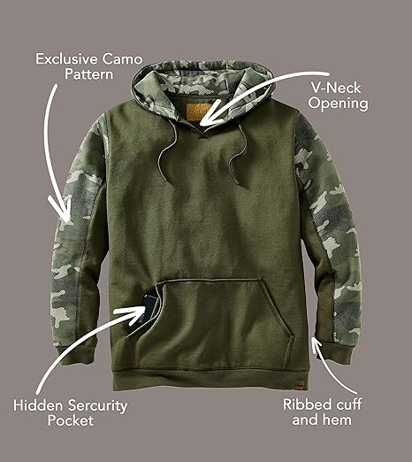 Venado Heavyweight Camo Hoodie for Men - Hidden Security Pocket | v-neck Opening