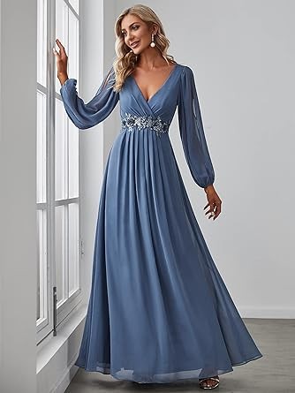 Ever-Pretty Women's Elegant V-Neck Long Sleeve A-line Chiffon Floor Length Mother of The Bride Dress 0461-USA