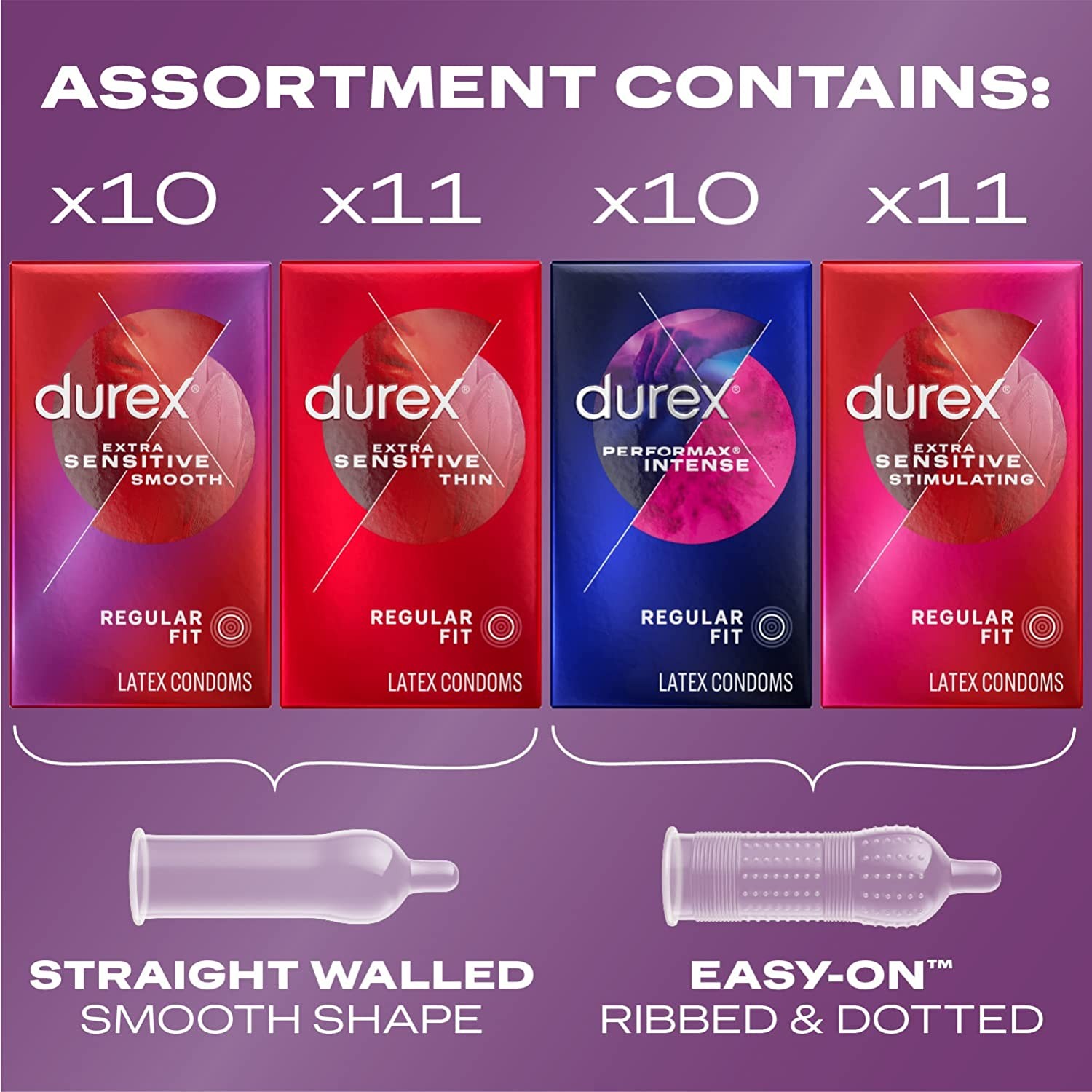Durex Pleasure Pack Assorted Condoms, Exciting Mix of Sensation and Stimulation, Natural Rubber Latex Condoms for Men, Regular Fit, FSA & HSA Eligible, 42 Count (Packaging may Vary)