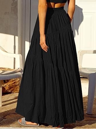 ANRABESS Women’s Boho Elastic High Waist Pleated A-Line Flowy Swing Asymmetric Tiered Maxi Long Skirt Dress with Pockets