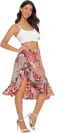 Verdusa Women's Ruffle Trim High Split Printed Skirt