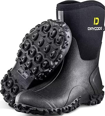 D DRYCODE Rubber Boots for Women, 5mm Neoprene Mid Calf Rain Boots with Steel Shank, Waterproof Insulated Hunting Boots, Mud Work Boots, Black, Size 5-11