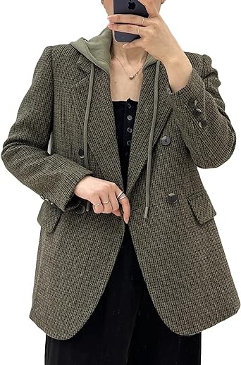 Mina Self Hooed Double-Breasted Blazer Jacket for Women Casual Long Sleeve Business Fashion Coat with Pockets…