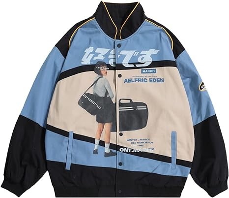 Aelfric Eden Men's Harajuku Graphic Print Varsity Jacket Colorblock Zipper Closure Baseball Coats