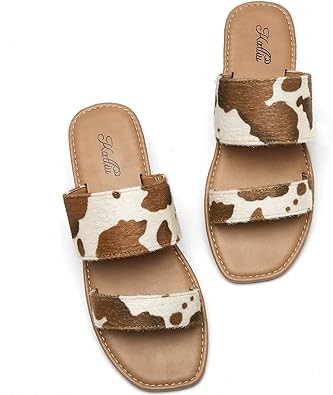 katliu Women's Flat Sandals Two Strap Slide Sandals Open Toe