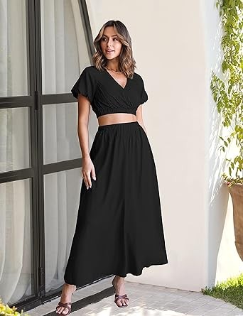 MEROKEETY Women's 2023 Summer Two Piece Outfits V Neck Puff Sleeve Crop Top and Flowy Maxi Skirt Set