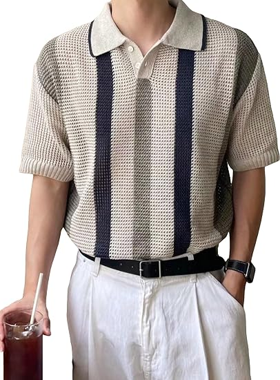 COZYEASE Men's Color Block Button Down Striped Tops Collard Drop Shoulder Short Sleeve Knit Tops Casual Summer Tops