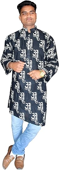 Lakkar Haveli Indian Men's Cotton Kurta Om Print Casual Tunic Wedding Wear Black Shirt Loose Fit Tunic Plus Size