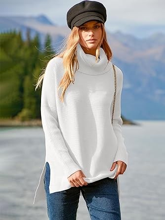 ANRABESS Women's Turtleneck Oversized 2023 Long Batwing Sleeve Spilt Hem Knit Tunic Pullover Sweater Tops