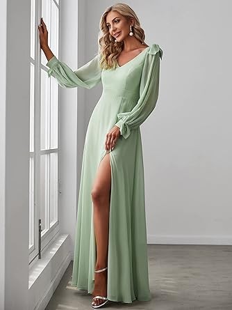 Ever-Pretty Women's Elegant Double V Neck Long Sleeve Formal Dress High Waist Split Formal Evening Gowns 80116-USA