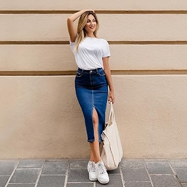 Sannali Stretch Jean Skirt for Women; High Waisted Blue Jean Midi Skirt with Pockets; Casual Pencil Skirt for Women and Girls