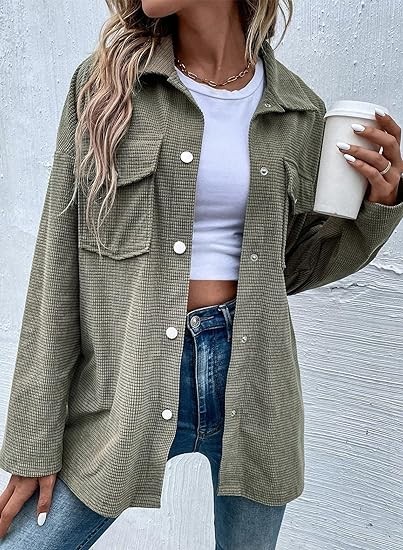 Astylish Womens Waffle Knit Long Shacket Jacket Oversized Casual Blouses Button Down Collared Dressy Shirts