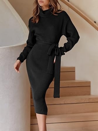 ANRABESS Women's Turtleneck Long Batwing Sleeve Chunky Knit Slit Slim Bodycon Tie Waist Pullover Midi Sweater Dress