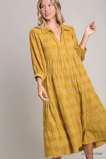 Umgee USA Solid Dotted V-Neck Collared Tiered Midi Dress with Long Balloon Sleeves