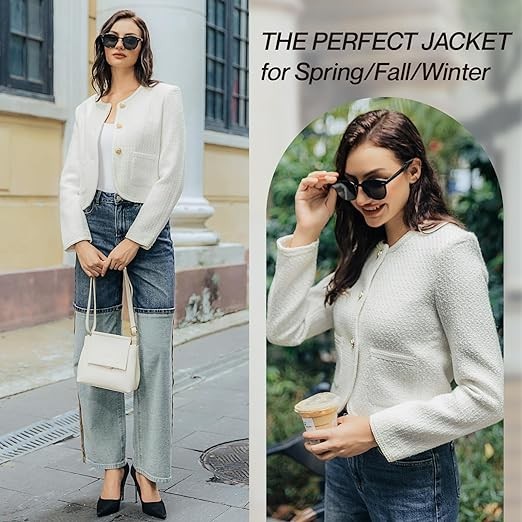 URBAN REVIVO Women's Long Sleeve Cropped Tweed Jacket with Pocket Elegant Slim Fit Work Office Business Short Tweed Blazer