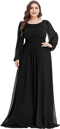 Ever-Pretty Women's Round Neck Long Lantern Sleeve Chiffon Pleated Long Bridesmaid Dresses 0106B