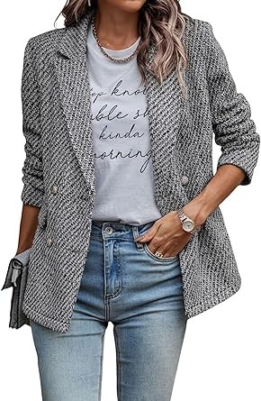 Tweed Jacket Women Long Sleeve Open Front Double Breasted Casual Work Office Blazer Jackets with Pockets