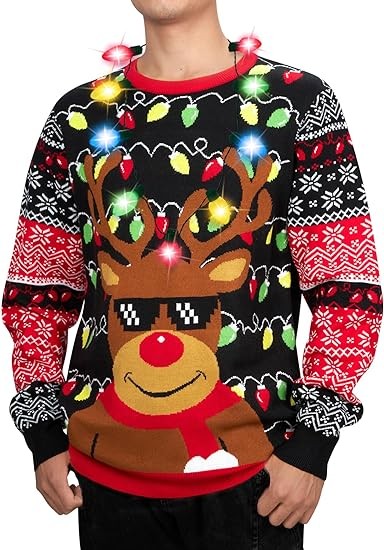 Cozople Men Women Light-up Ugly Christmas Sweater Knitted Pullover Jumpers with Multi-Colored Big Led Flashing String Lights