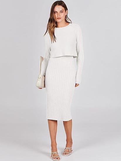 ANRABESS Women Casual Two Piece Outfits Long Sleeve Ribbed Knit Crop Top and Bodycon Midi Dresses Pullover Sweater Sets