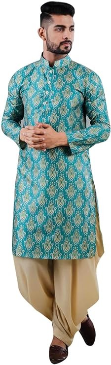 ELINA FASHION Men's Indian Satin Cotton Kurta Dhoti Set Tunic Traditional Wear