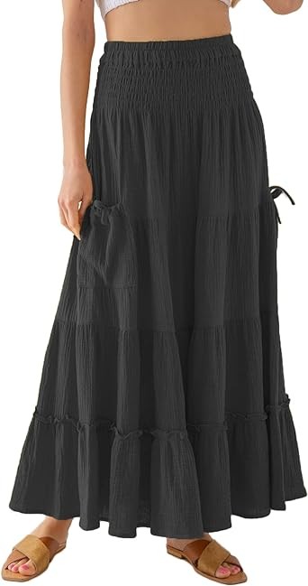 Amazhiyu Womens Maxi Boho Skirt Summer Flowy Renaissance Skirt with Pockets