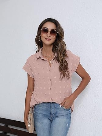 BOTHENIAL Women White Button Down Shirt Dressy Casual Work Tops Chiffon Blouse Summer Short Sleeve Shirts