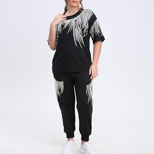 Hollir Tiger Plus Size Two Piece Outfits for Women Men Short Sleeve T Shirts Rhinestones Drawstring Joggers Pants Going Out