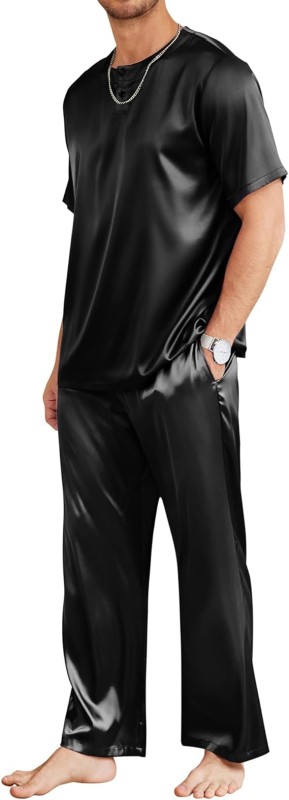 Ekouaer Mens Silk Satin Pajama Set Short Sleeve Sleepwear Silky Loungewear with Long Pants
