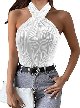 SOFIA'S CHOICE Women's Sexy Halter Tops Summer Criss Cross Textured Sleeveless Tank Top