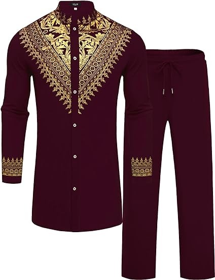 ZSJR Mens African 2 Piece Set Metallic Traditional Suit Gold Stamp Printed African Dashiki Shirt and Pants Outfit
