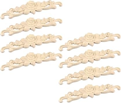 HEVSTIL 8PCS Wood Carved Onlays Appliques, Rose Shape Wood Appliques Decorative Wood Appliques and Onlays Carving Details Overlay Craft Decals for Bed Door Cabinet Furniture Decoration,20×5cm