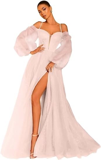 Oisslec Glitter Tulle Prom Dress with Slit Long Puffy Sleeves Ruched High Waist Backless Formal Party Ball Gowns for Women