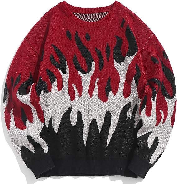 ZAFUL Mens Crewneck Oversized Sweaters Y2K Aesthetic Flame Graphic Knitted Sweater Casual Pullover Long Sleeve Jumpers