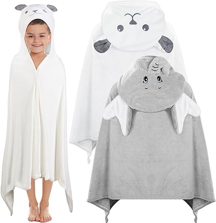 Preboun 2 Pcs Hooded Towel for Kids 27.5 x 55 in Large Kids Bath Towel for 3-10 Yrs Soft Toddler Towels Absorbent Toddler Bath Towel for Boys Girls Kids Hooded Bathrobe(White, Gray, Bear, Elephant)