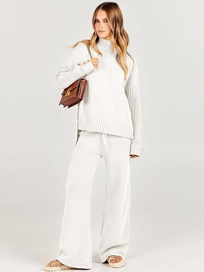 ANRABESS Women's Two Piece Outfits Sweater Sets Long Sleeve Knit Pullover and Wide Leg Pants Lounge Sets
