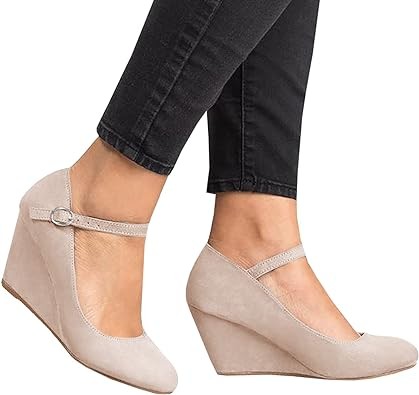 Womens Wedge Shoes Mary Jane Pumps Ankle Strap High Heel Round Toe Office Work Dress Shoes