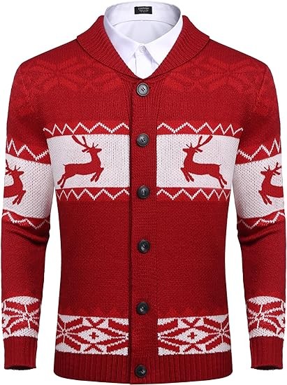 COOFANDY Men's Christmas Cardigans Ugly Xmas Sweaters Reindeer Snowflake Shawl Collar Knitted Cardigan Sweater