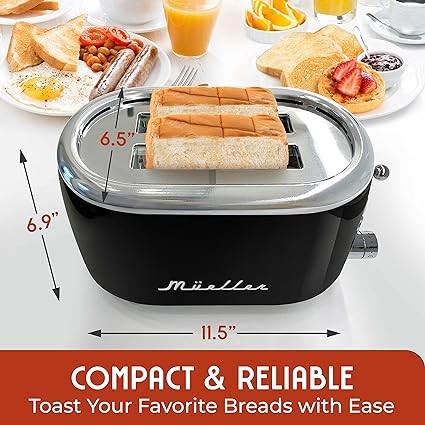 Mueller Retro Toaster 2 Slice with 7 Browning Levels and 3 Functions: Reheat, Defrost & Cancel, Stainless Steel Features, Removable Crumb Tray, Under Base Cord Storage, Black