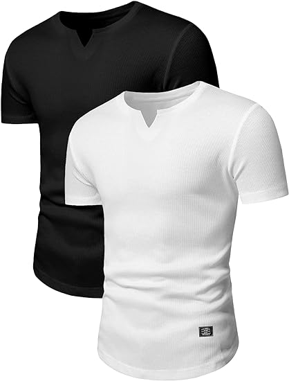 PLEPAN Mens V-Neck Muscle Slim Henley Shirt Workout Gym Athletic Shirt Fashion Short Sleeve Shirt