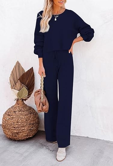 Viottiset Women's 2 Piece Outfits Sweatsuit Casual Knit Pullover Sweater Pajamas Lounge Set