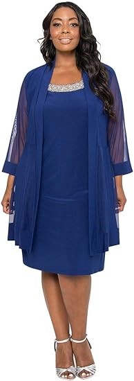 R&M Richards Short Mother of The Bride Plus Size Dress| Sheer Sleeves, Beaded Neckline Formal Dress
