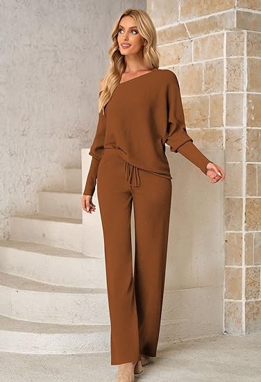 Meenew Womens Long Sleeve Knit Pullover Sweater Wide Leg Pants Outfits 2 Piece Sweatsuit Knitted Lounge Set