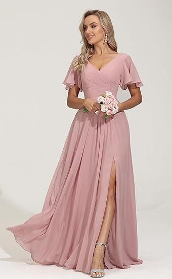 HSFIYAKJ Short Sleeve Bridesmaid Dresses for Women Long A Line V Neck Chiffon Formal Gown with Slit