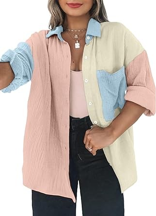Eytino Womens Plus Size Button Down Shirts Color Block Long Sleeve Oversized Blouses Tops(1X-5X)