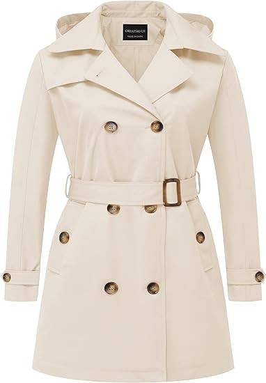 CREATMO US Women's Plus Size Trench Coat Double-Breasted Classic Lapel Overcoat Belted Outerwear Coat with Detachable Hood