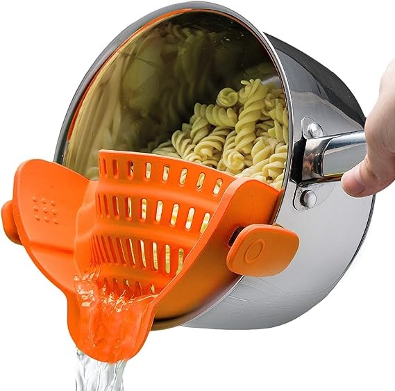 Kitchen Gizmo Snap N Strain Pot Strainer and Pasta Strainer - Adjustable Silicone Clip On Strainer for Pots, Pans, and Bowls - Kitchen Colander - Orange